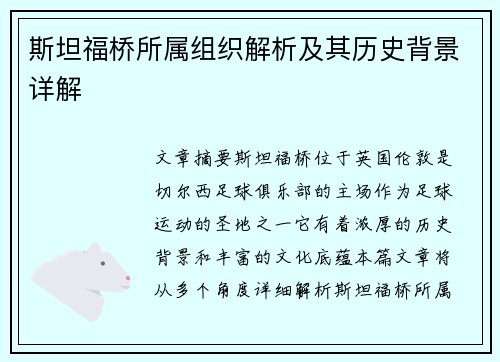斯坦福桥所属组织解析及其历史背景详解