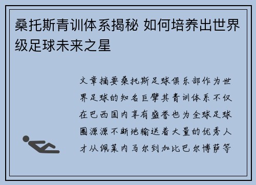 桑托斯青训体系揭秘 如何培养出世界级足球未来之星